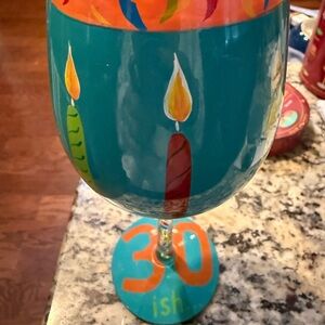 Lolita Teal Wine Glass with Multicolored Candle Design “30ish”